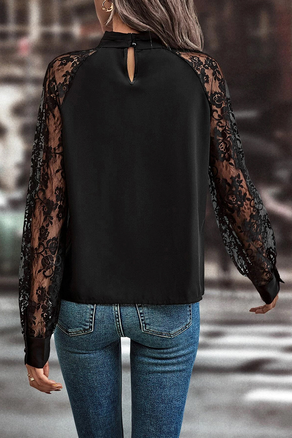 Black Keyhole Neckline Lace Splicing Raglan Sleeve Blouse - The Fair Lady Shop