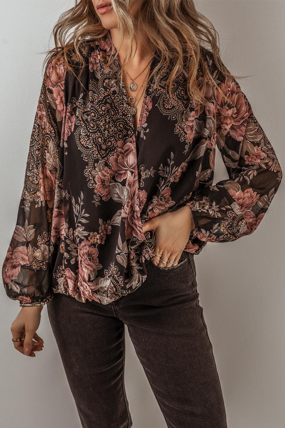 Black Floral Print Criss Cross V Neck Balloon Sleeve Blouse - The Fair Lady Shop