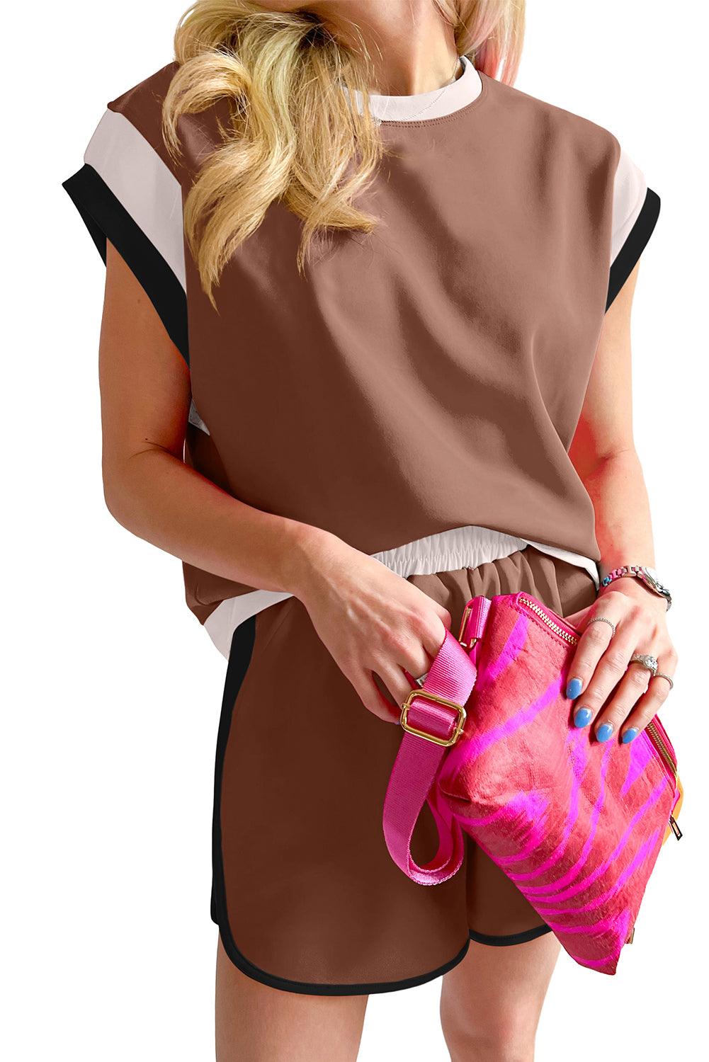 Peach Blossom Color Block Loose Fit Top & Elastic Waist Shorts Set - The Fair Lady Shop