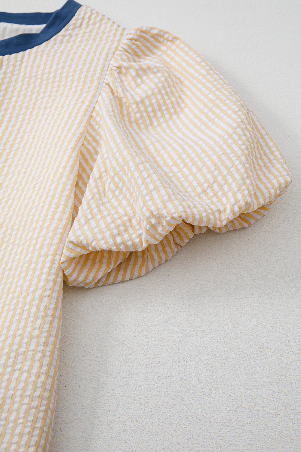 Beige Striped Print Puff Sleeve Textured Mini Dress - The Fair Lady Shop