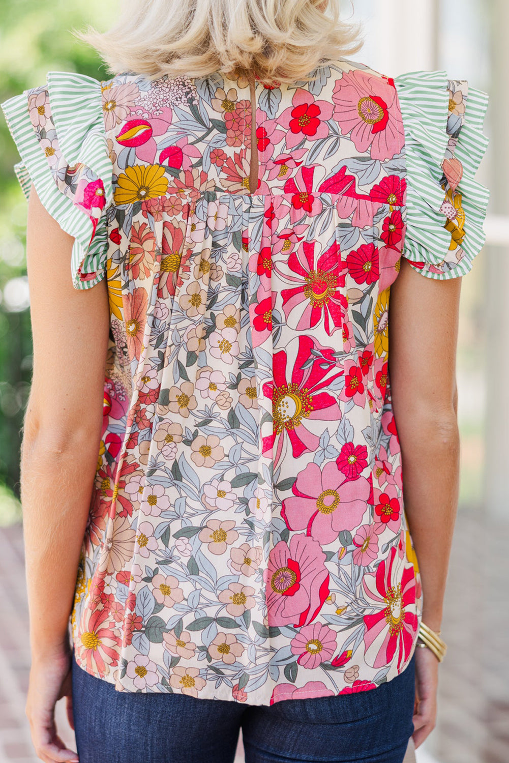 Pink Floral Print Ruffle Trim Pleated Boho Blouse - The Fair Lady Shop