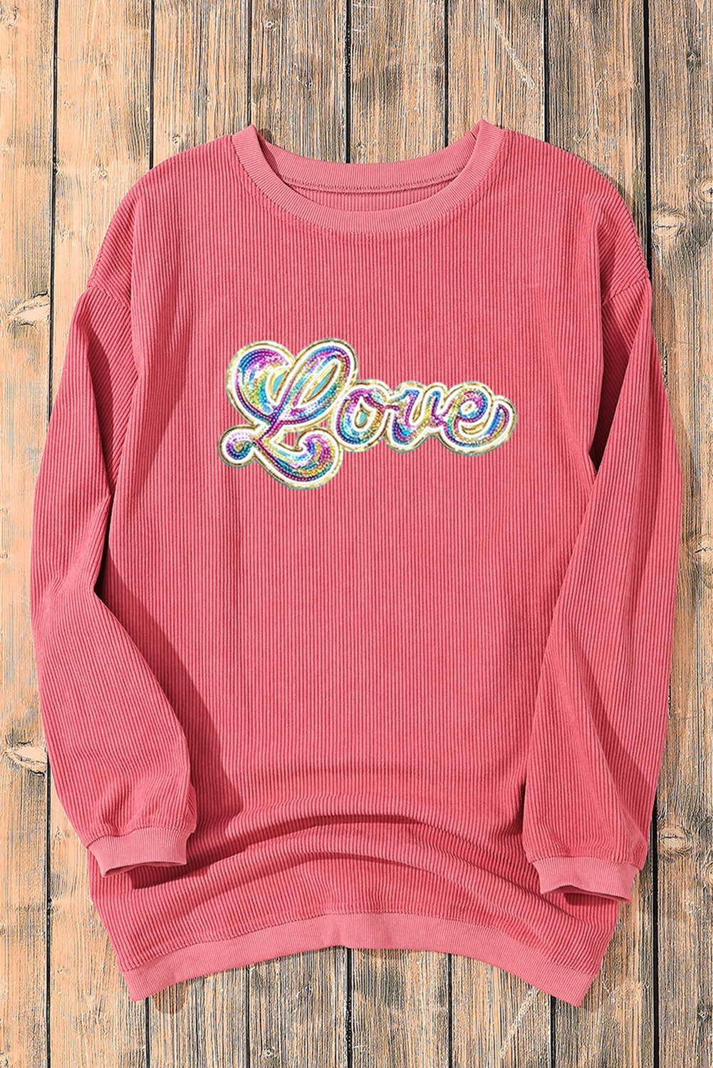 Strawberry Pink Sequin Love Graphic Corded Valentines Sweatshirt - The Fair Lady Shop