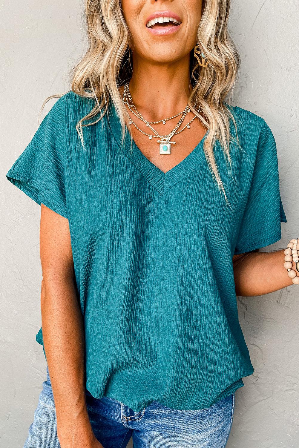 Blue Plain Crinkled V Neck Flounce Sleeve T Shirt - The Fair Lady Shop