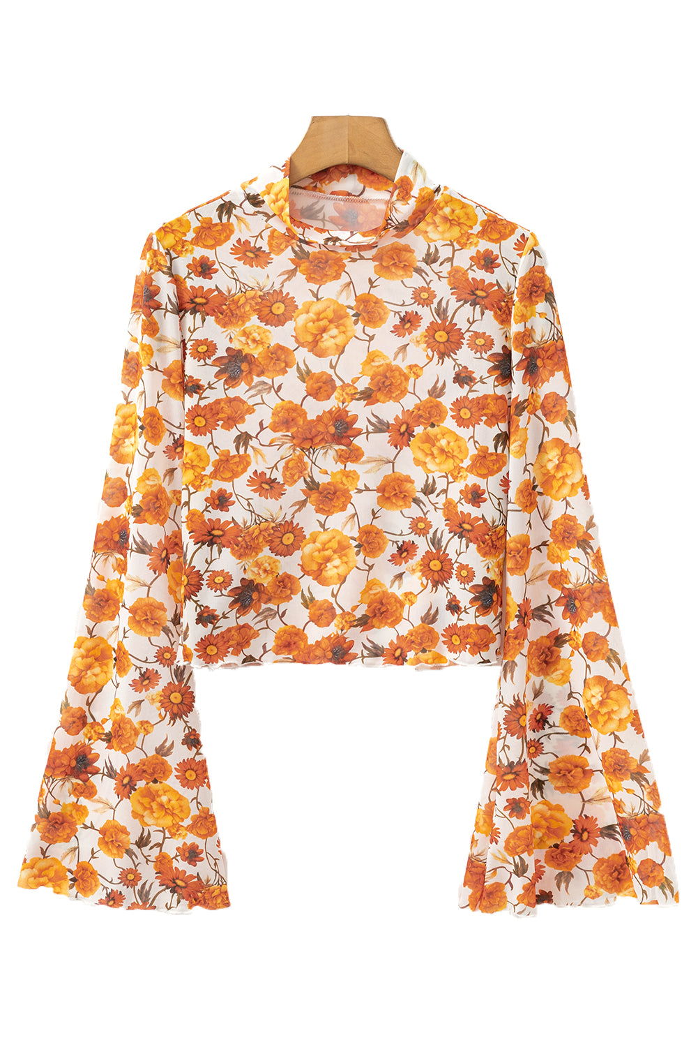 Orange Floral Print Bell Sleeve Mock Neck Scallop Trim Blouse - The Fair Lady Shop