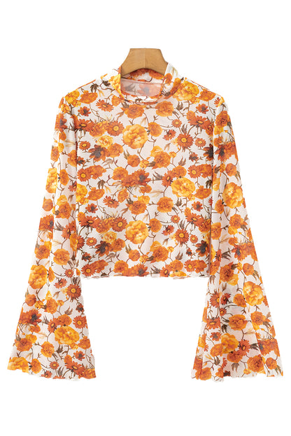Orange Floral Print Bell Sleeve Mock Neck Scallop Trim Blouse - The Fair Lady Shop
