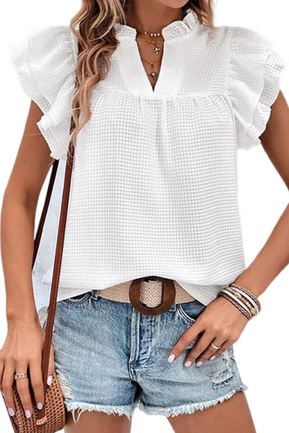 White Basic Textured Tiered Ruffle Sleeve Blouse for Women - The Fair Lady Shop