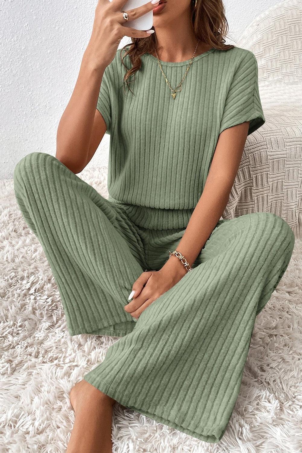 Grass Green Solid Color Ribbed Short Sleeve Wide Leg Jumpsuit - The Fair Lady Shop