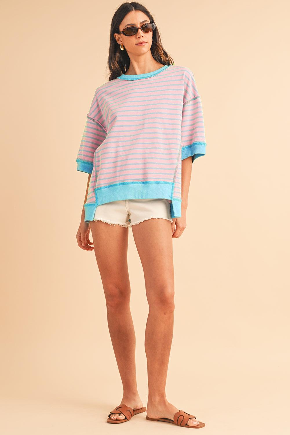 Pink Stripe Colorblock Drop Sleeve Oversized T Shirt - The Fair Lady Shop