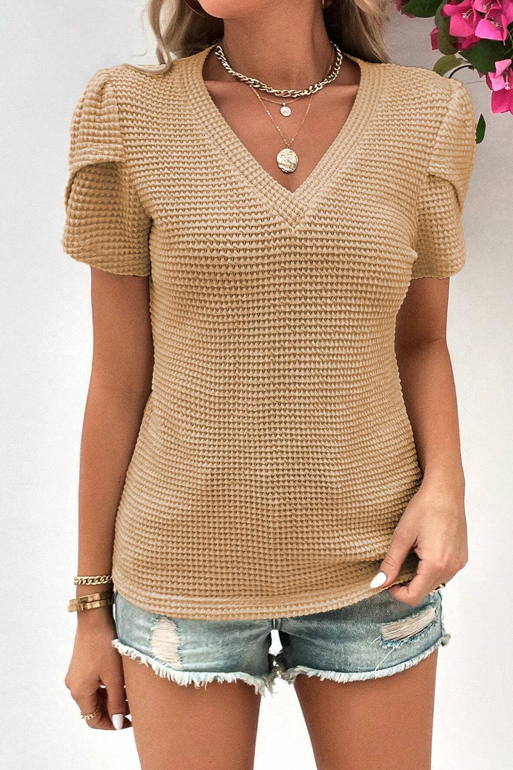 Mist Green Tulip Sleeve Waffle Knit V Neck T-Shirt - The Fair Lady Shop