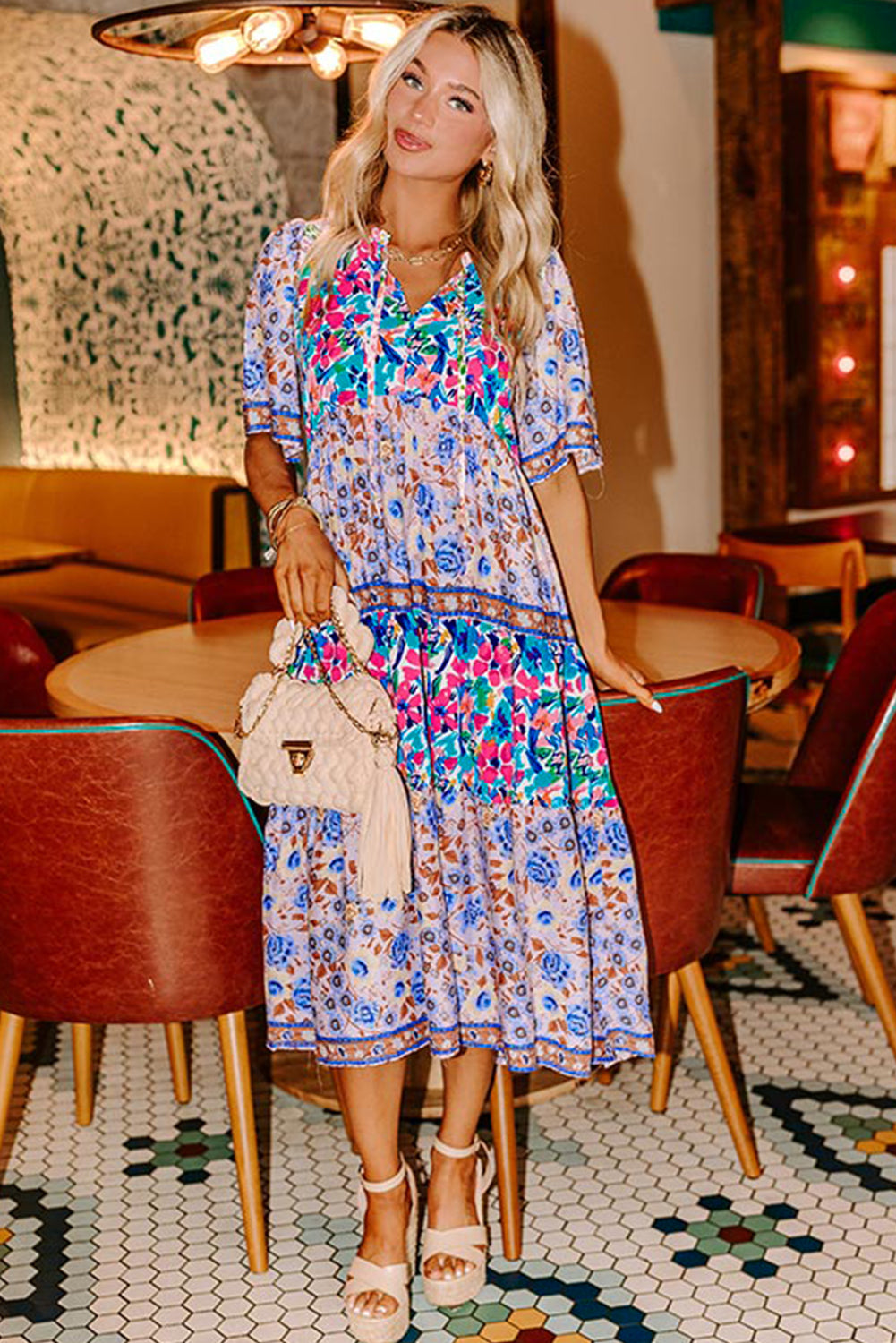 Sky Blue Mixed Floral Print Tie Split Neck Short Sleeve Dress - The Fair Lady Shop