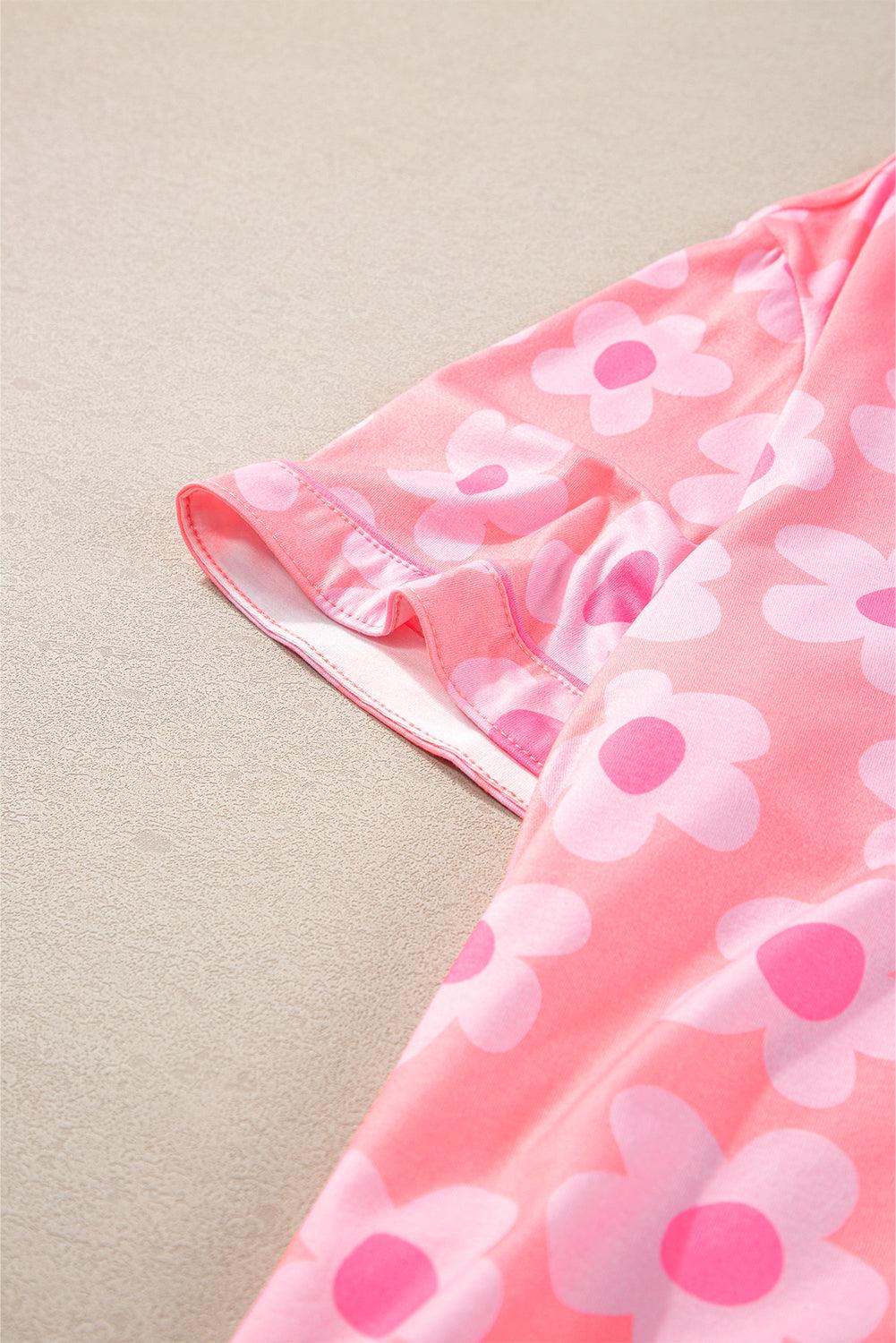Green Flower Print Buttoned Shirt and Drawstring Waist Pajama Set - The Fair Lady Shop