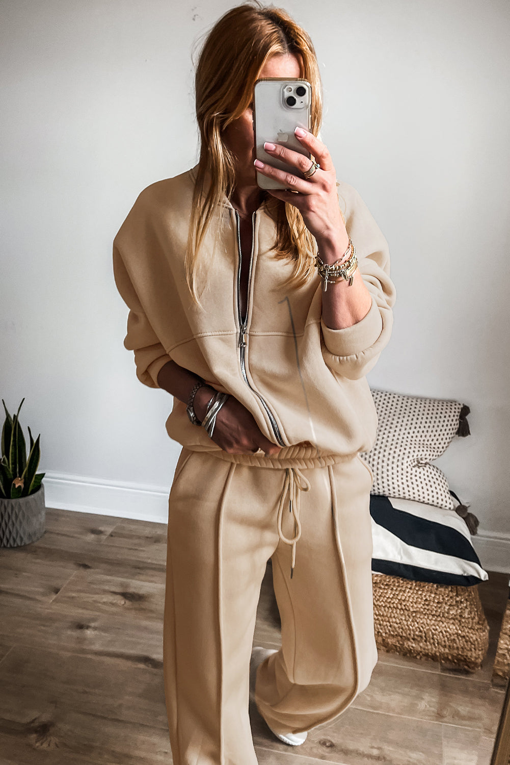 Apricot Seamed Zipper Jacket and Drawstring Waist Pants Set - The Fair Lady Shop