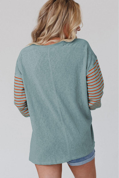 Green Colorblock Striped Bishop Sleeve Top with Side Slits - The Fair Lady Shop