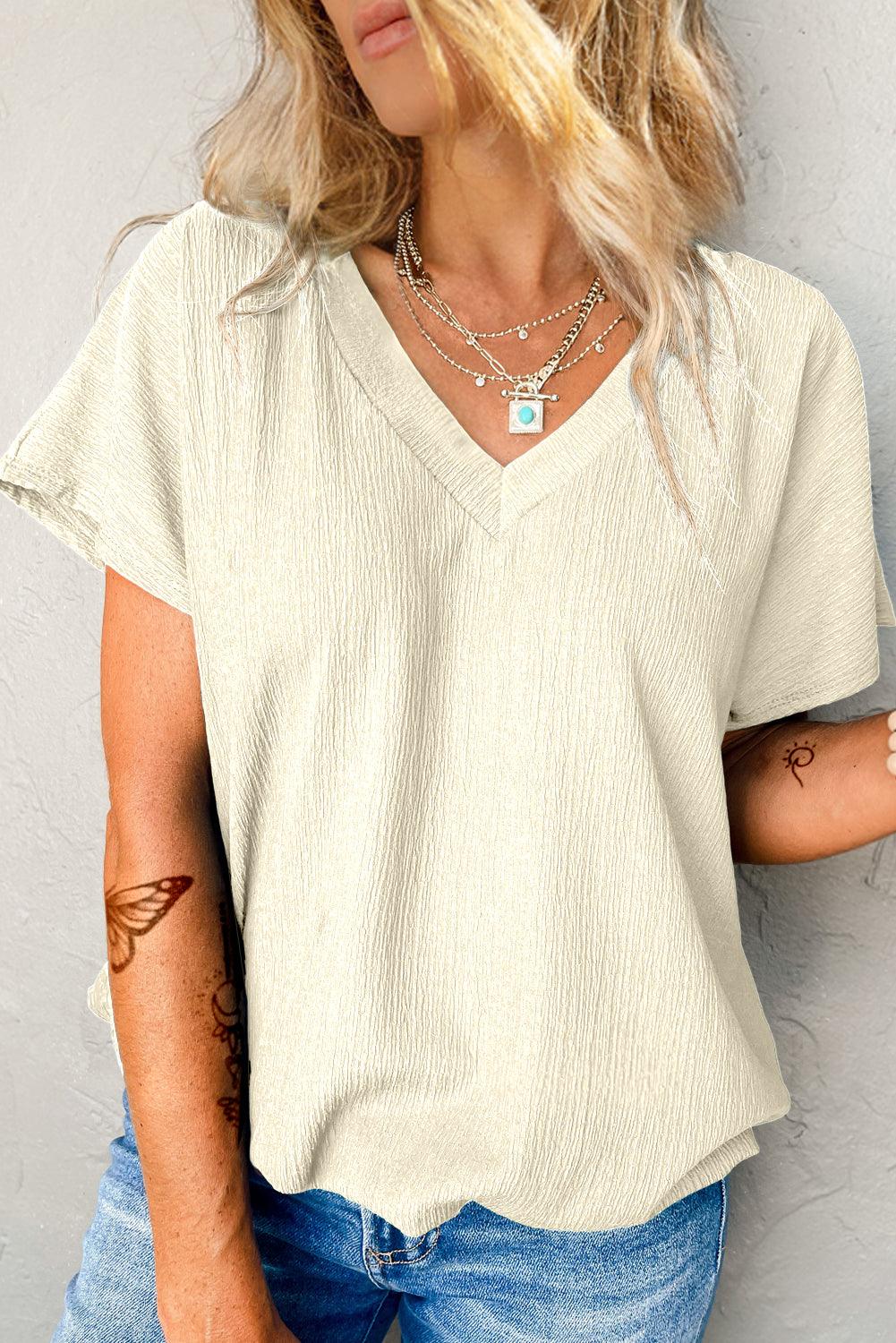 Blue Plain Crinkled V Neck Flounce Sleeve T Shirt - The Fair Lady Shop
