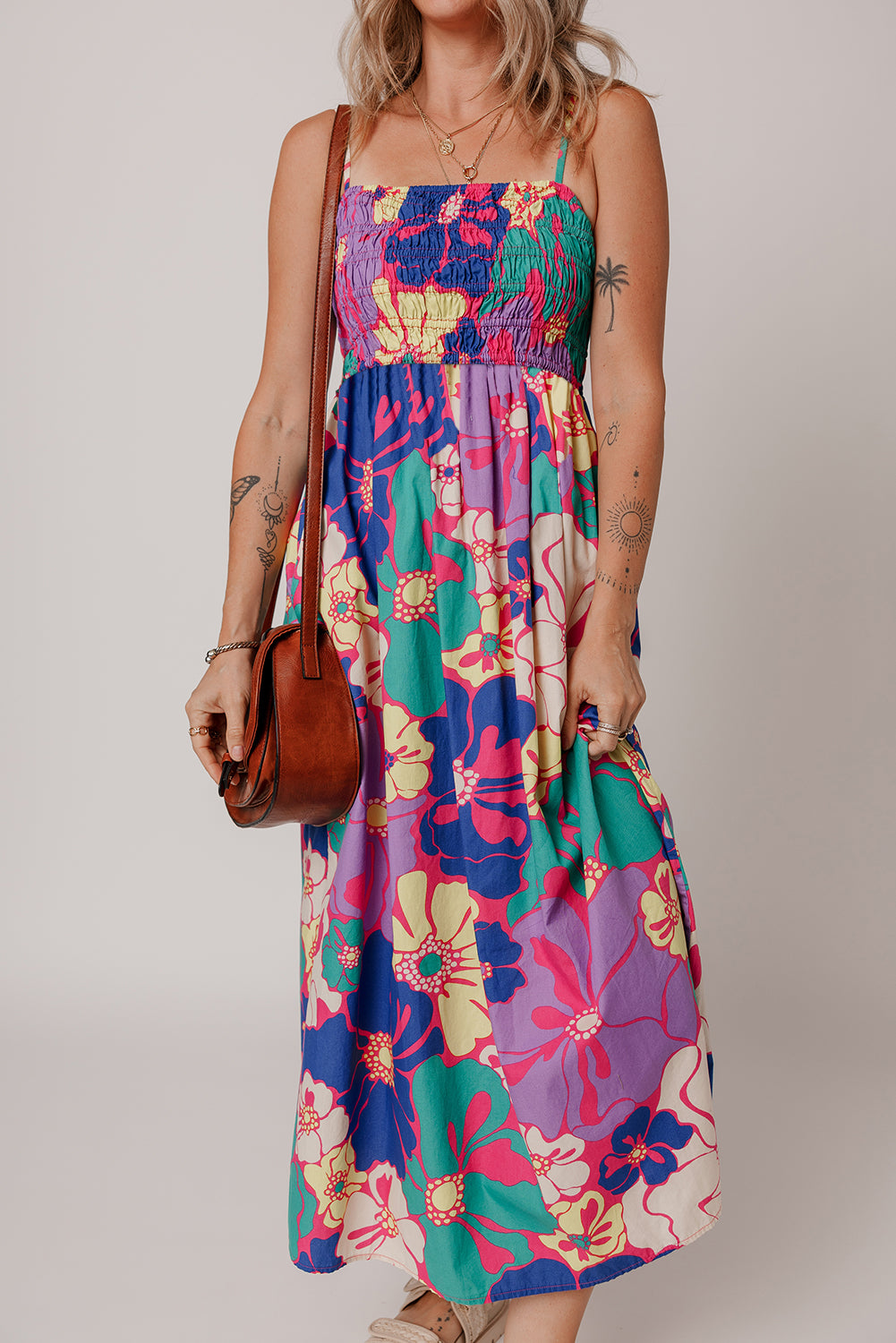 Purple Floral Print Shirred Spaghetti Strap Loose Maxi Dress - The Fair Lady Shop