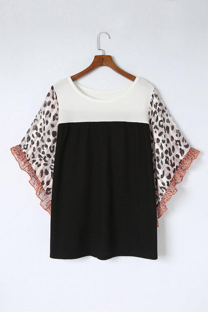 Black Rib Knit Animal Print Ruffle Sleeves Plus Size Top - The Fair Lady Shop