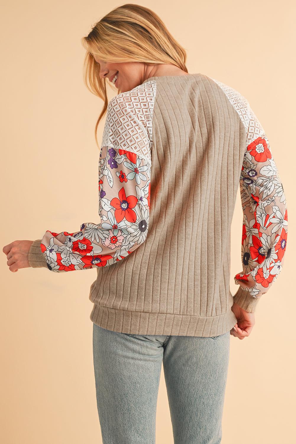 Parchment Floral Patchwork Raglan Sleeve Ribbed Blouse - The Fair Lady Shop