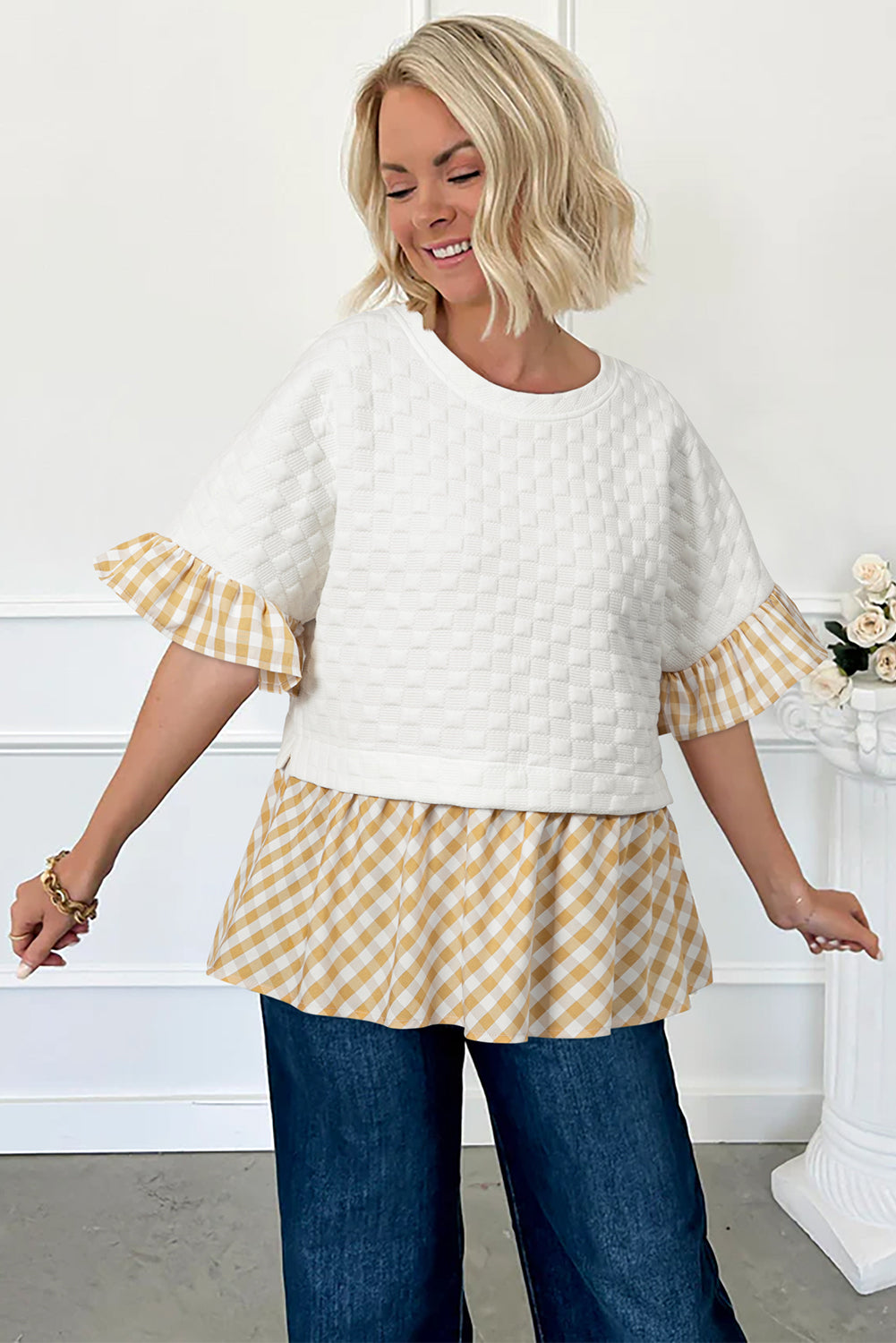 White Plaid Patchwork Half Sleeve Ruffle Round Neck Blouse - The Fair Lady Shop