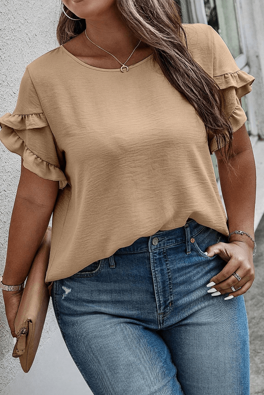 Light French Beige Ruffled Short Sleeve Plus Size Top - The Fair Lady Shop