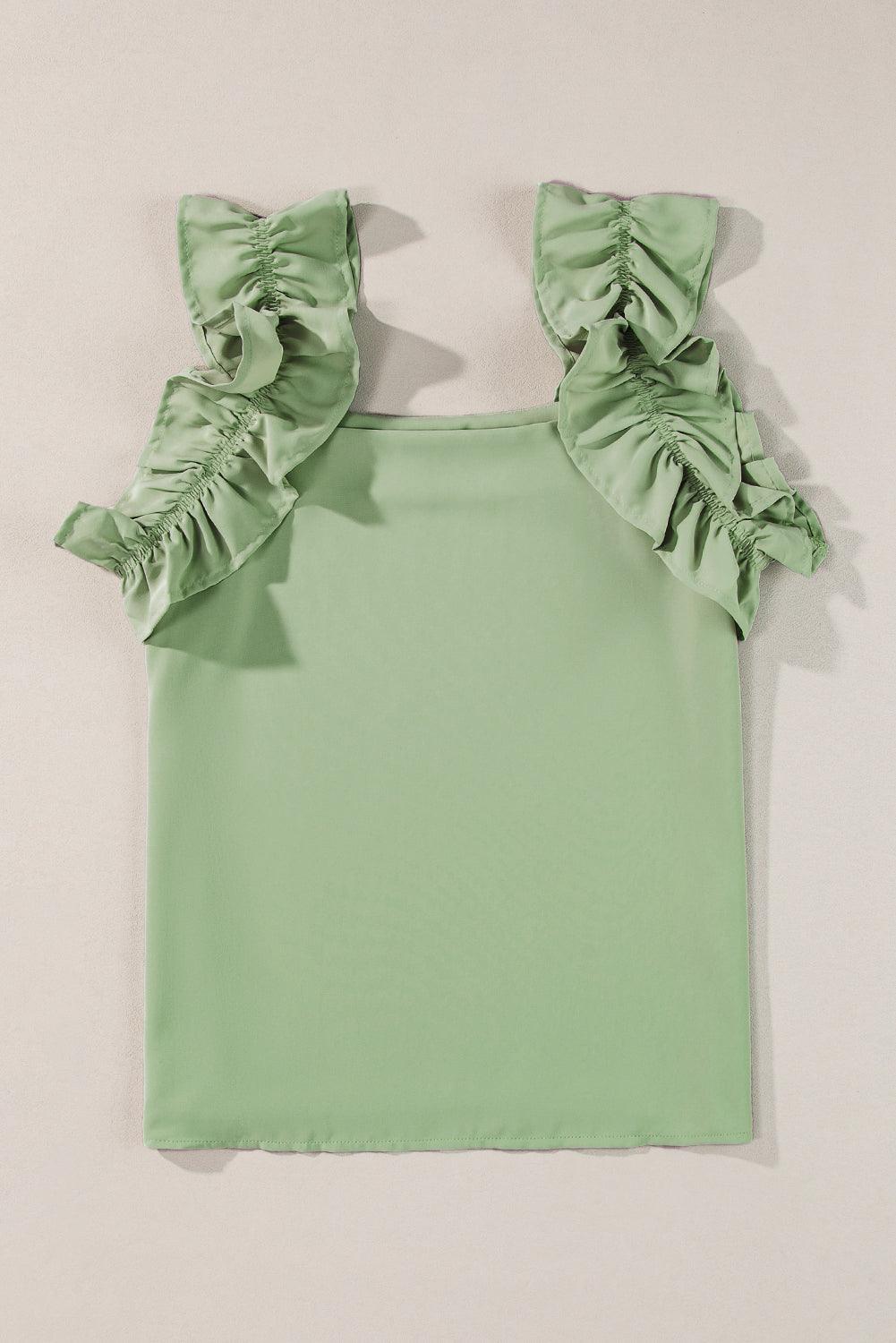 Oatmeal Solid Ruffle Trim Sleeveless Blouse - The Fair Lady Shop