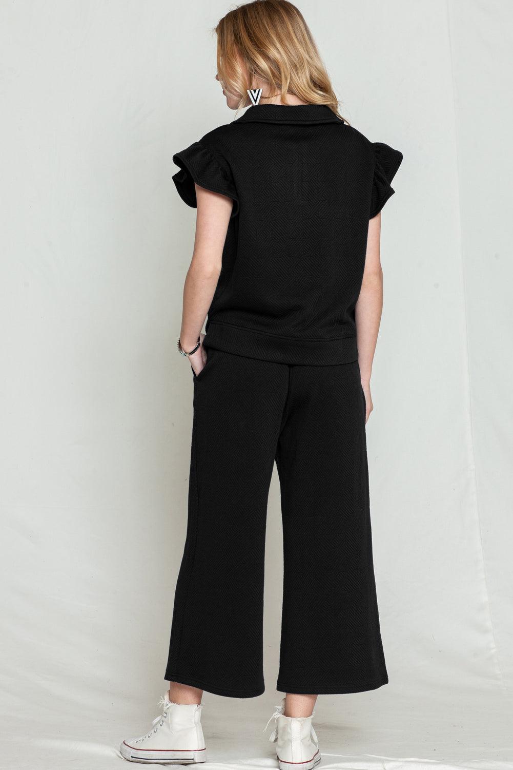 Black Textured Ruffle Cap Sleeve Top and Wide Leg Pants Set - The Fair Lady Shop