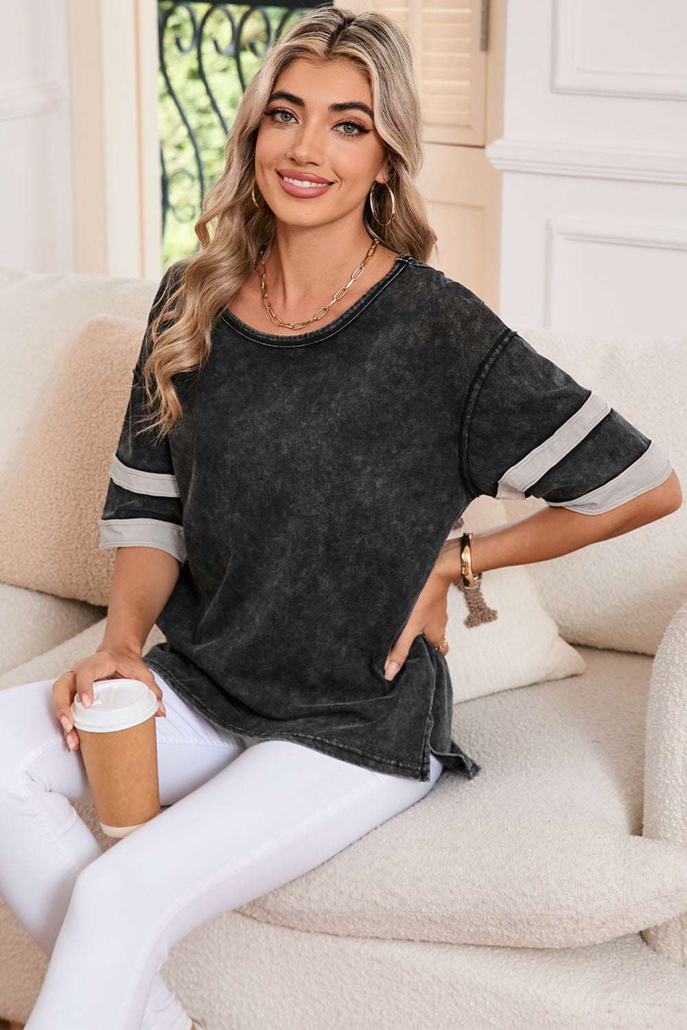 Black Vintage Stripe Sleeve Cotton T-shirt - The Fair Lady Shop