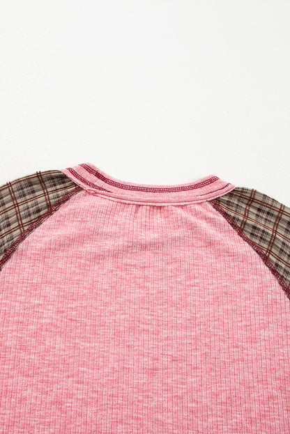 Fushia Floral Plaid Mixed Print Patchwork Raglan Ribbed Top - The Fair Lady Shop