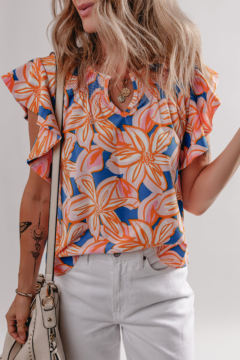 Orange Summer Flower Print Smocked Notched Neck Ruffle Blouse - The Fair Lady Shop