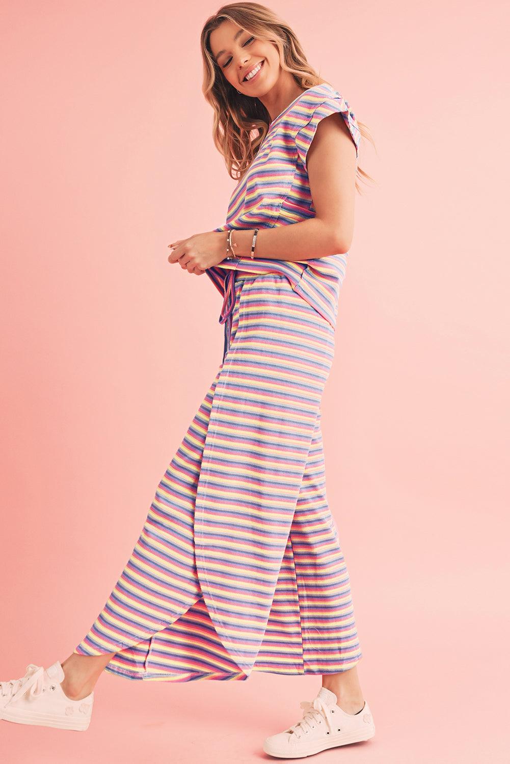 Yellow Stripe Rainbow Tee and Tassel Drawstring Wide Leg Pants Set - The Fair Lady Shop