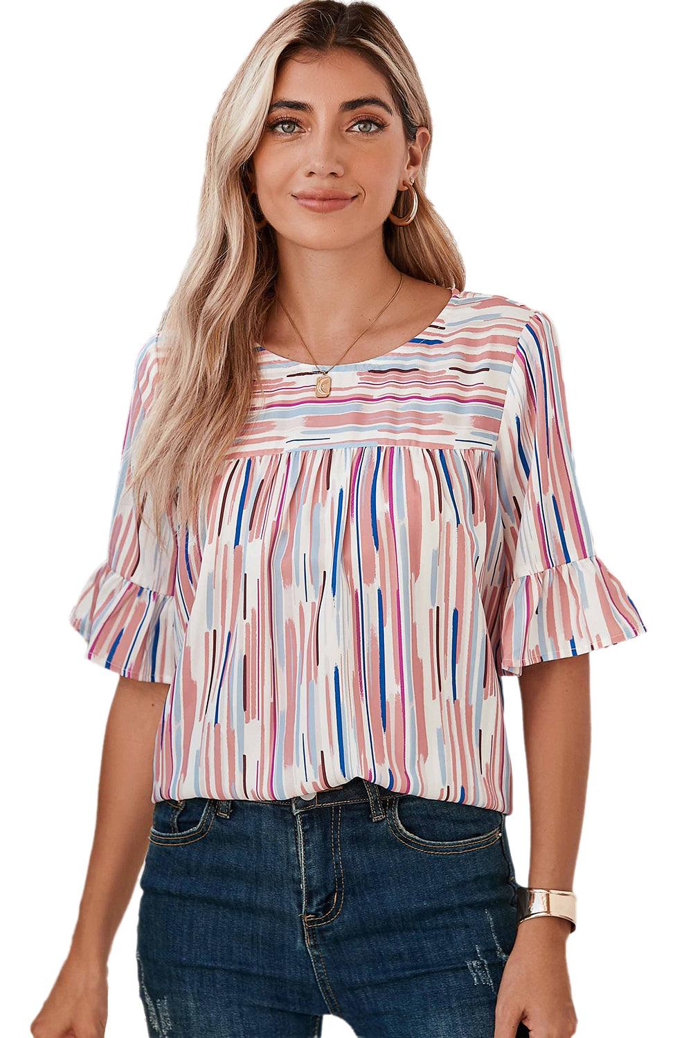 White Abstract Print Ruffle Half Sleeve Blouse - The Fair Lady Shop