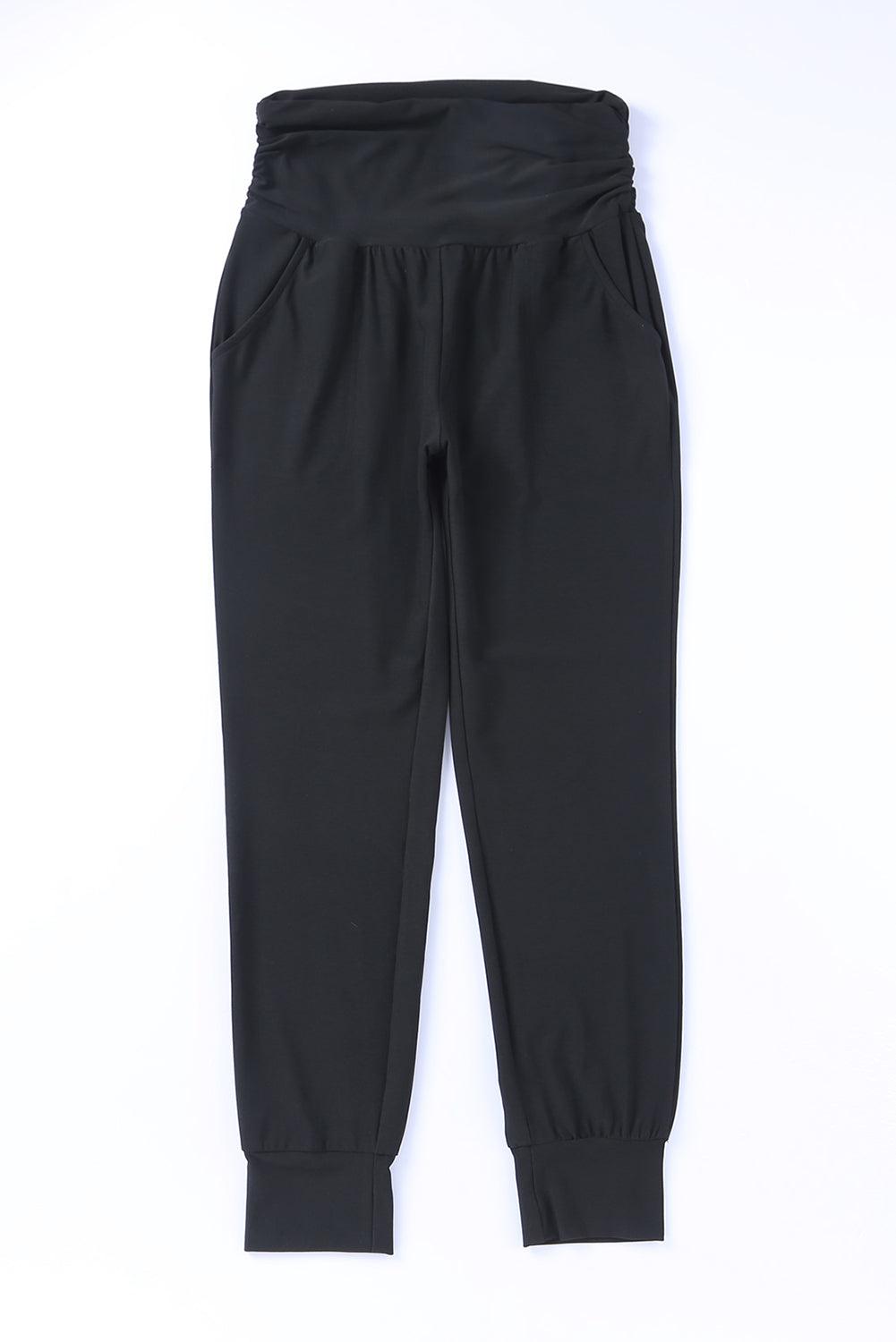 Black Pleated Casual Pocket High Waisted Leggings - The Fair Lady Shop