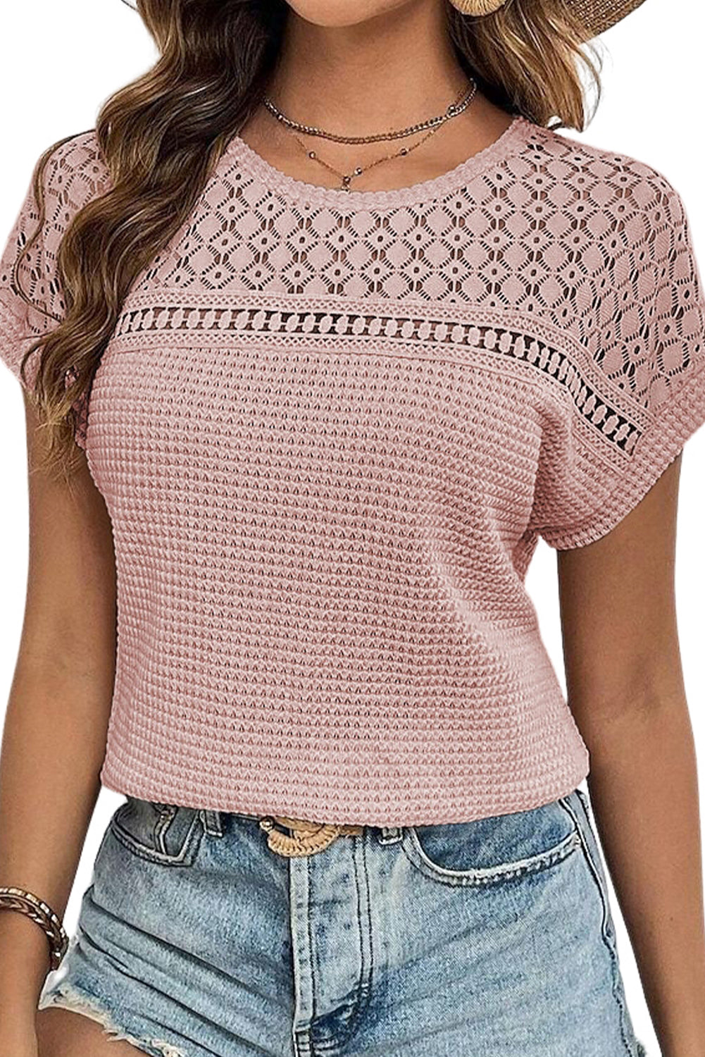 Light Pink Hollow Patchwork Waffle Knit Top - The Fair Lady Shop