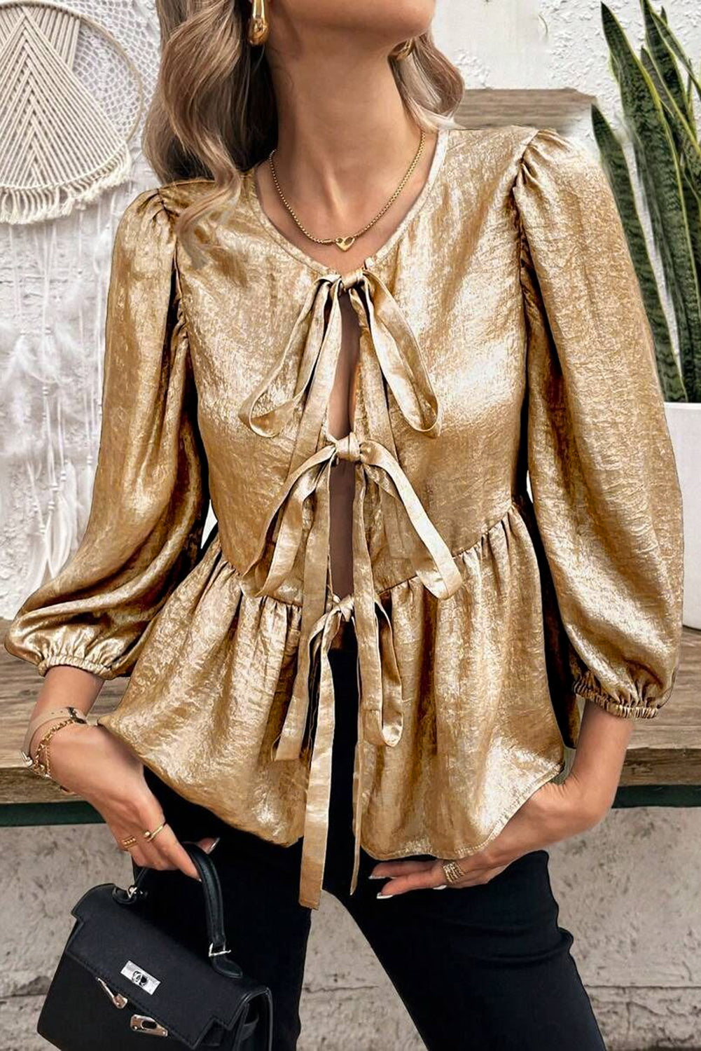 Gold Solid Color Bowknot Front Puff Sleeve Blouse - The Fair Lady Shop