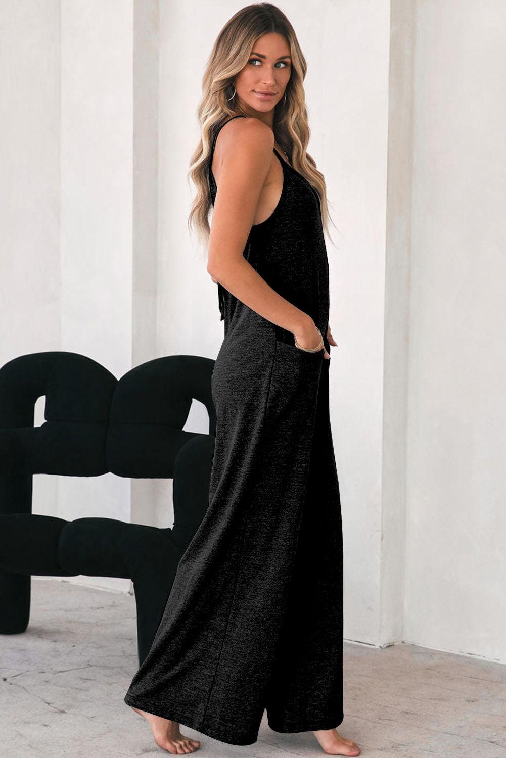 Black Loose Fit Side Pockets Spaghetti Strap Wide Leg Jumpsuit - The Fair Lady Shop