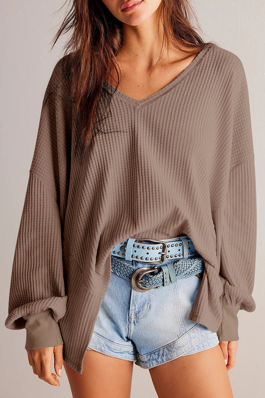 Coffee Waffle V Neck Drop Shoulder Loose Top - The Fair Lady Shop