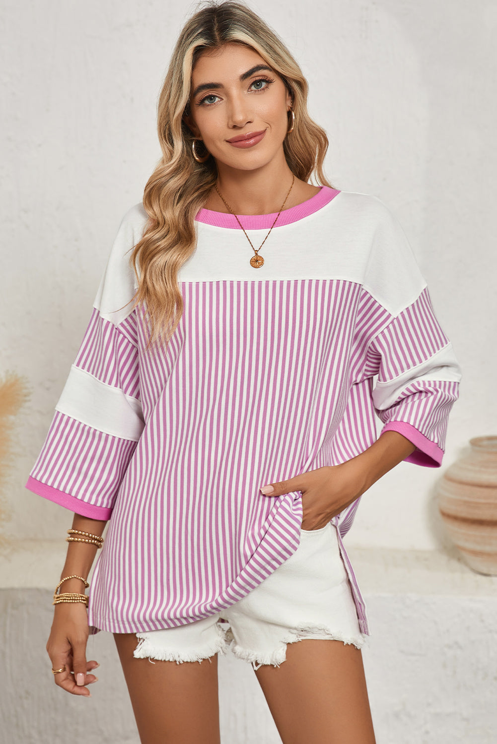 Phalaenopsis Striped Patchwork Oversized Tee - The Fair Lady Shop