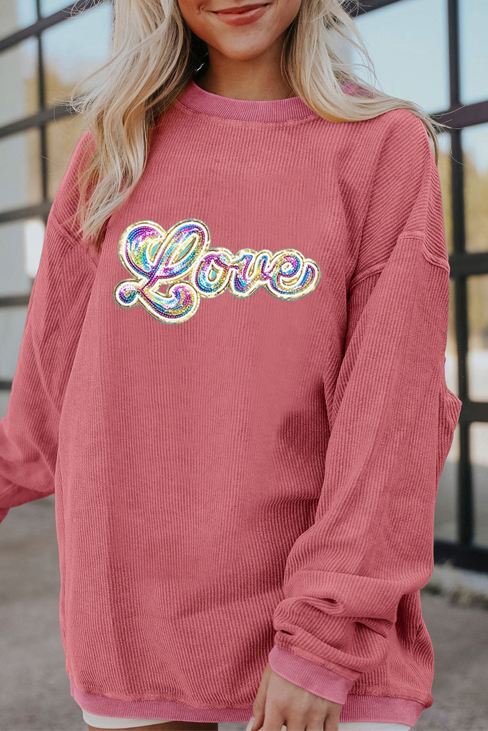 Strawberry Pink Sequin Love Graphic Corded Valentines Sweatshirt - The Fair Lady Shop