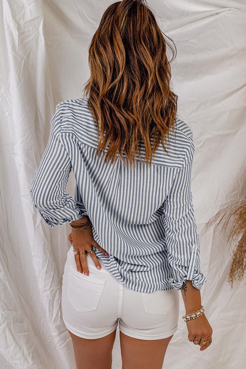 Blue Striped Chic Pockets Roll Up Sleeve Buttons Front Shirt - The Fair Lady Shop