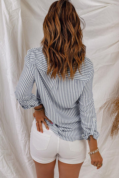 Blue Striped Chic Pockets Roll Up Sleeve Buttons Front Shirt - The Fair Lady Shop