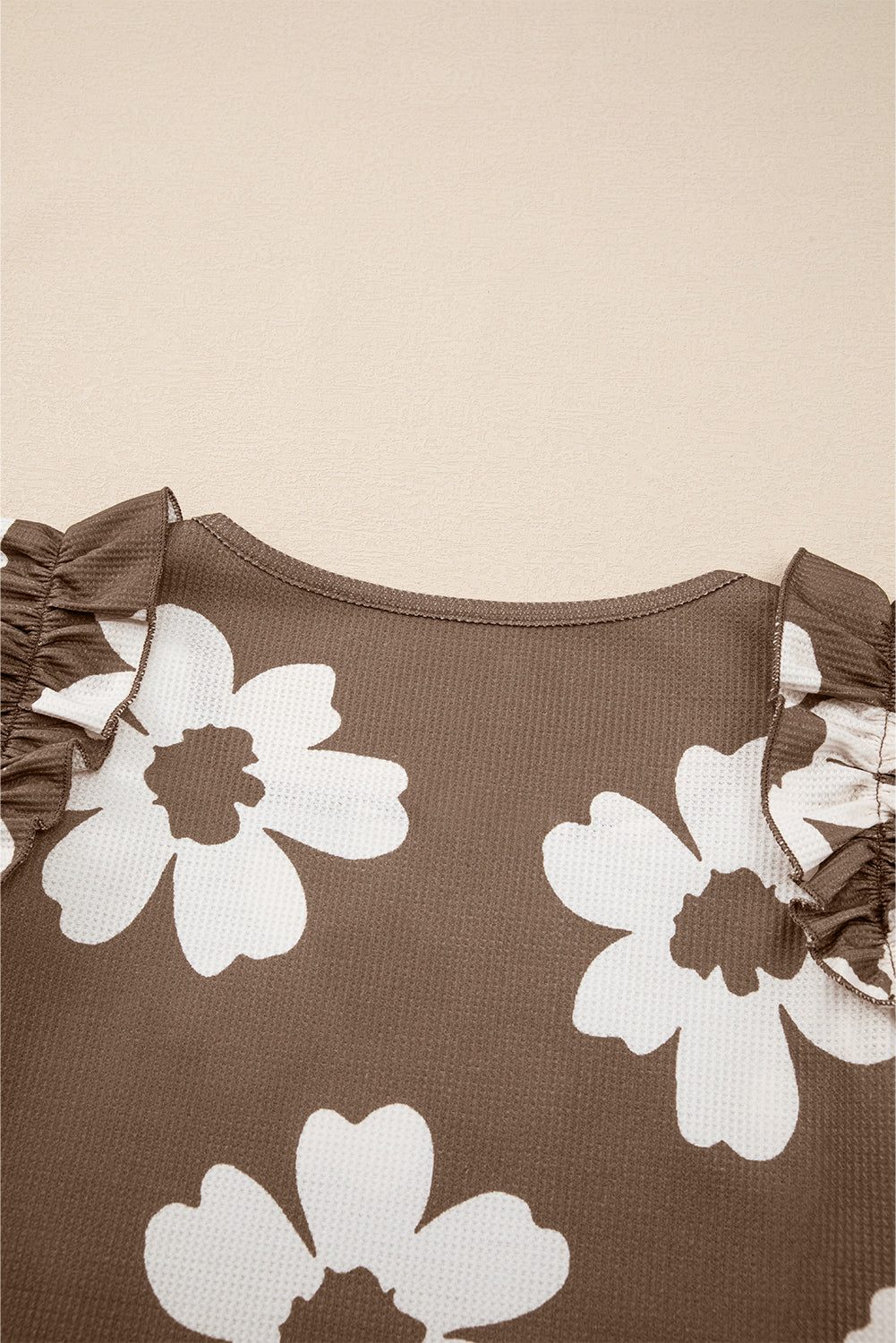 Brown Floral Ruffle Shoulder Square Neck Blouse - The Fair Lady Shop