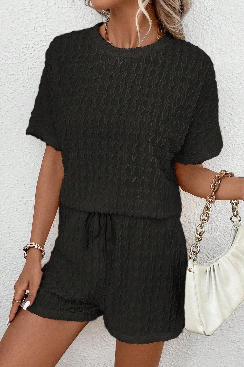 Beige Frill Textured Tee and Drawstring Shorts Set - The Fair Lady Shop