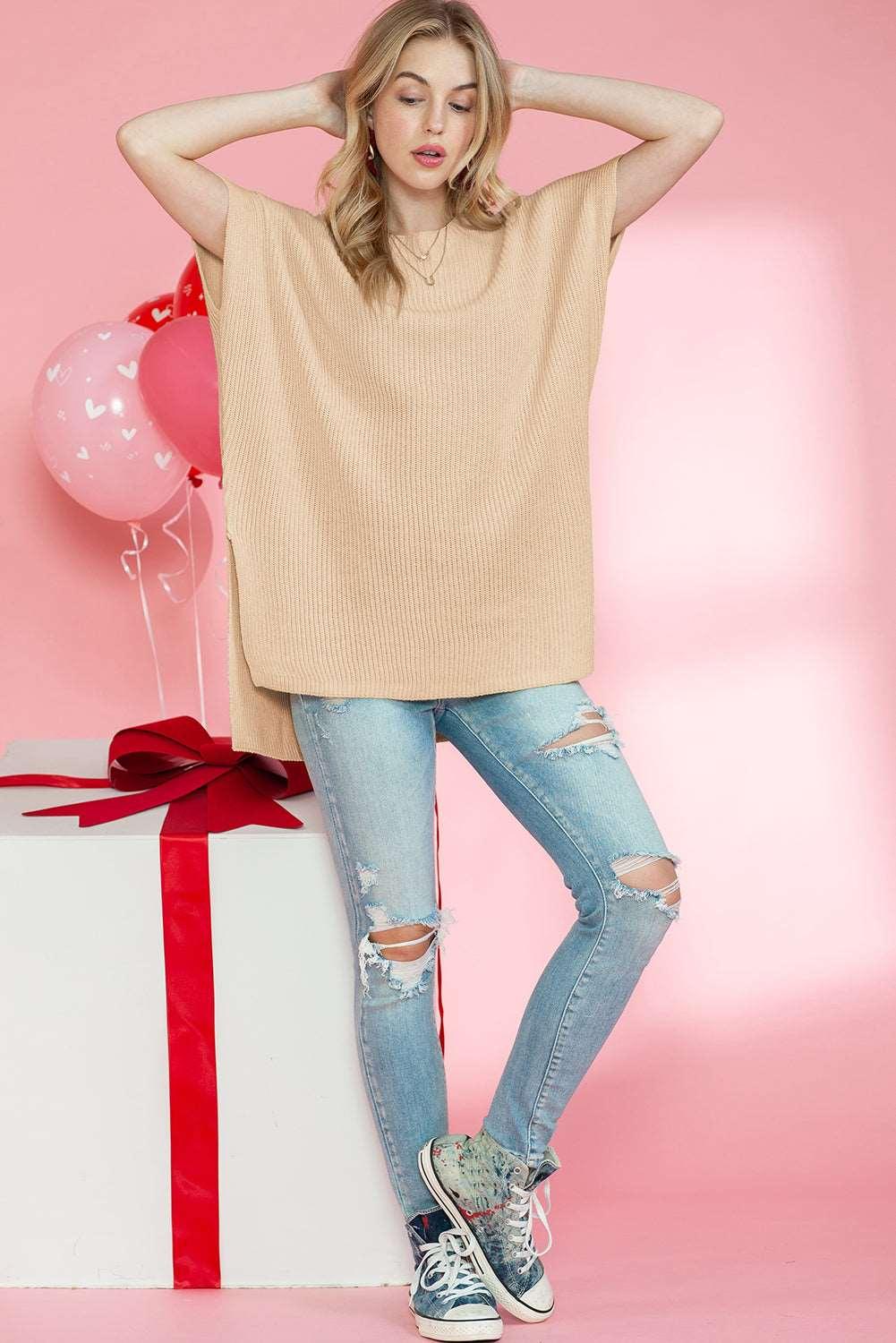 Apricot Side Slit Short Sleeve Oversized Sweater - The Fair Lady Shop