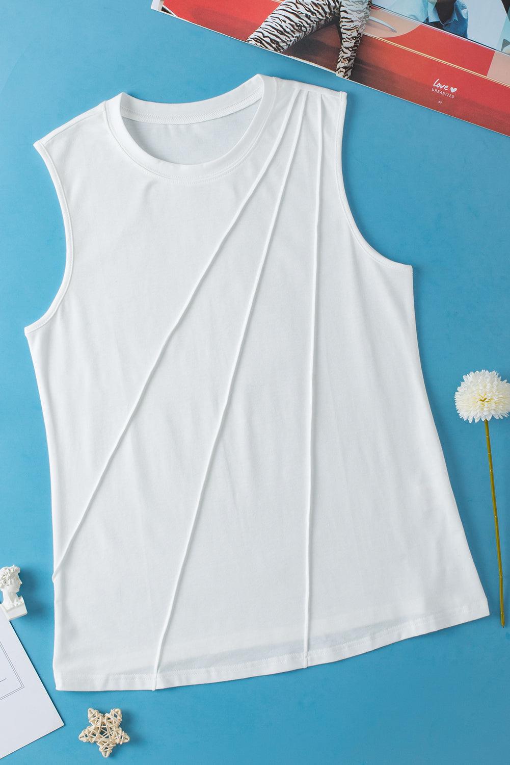 White Solid Color Crew Neck Pleated Tank Top - The Fair Lady Shop