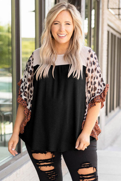 Black Rib Knit Animal Print Ruffle Sleeves Plus Size Top - The Fair Lady Shop