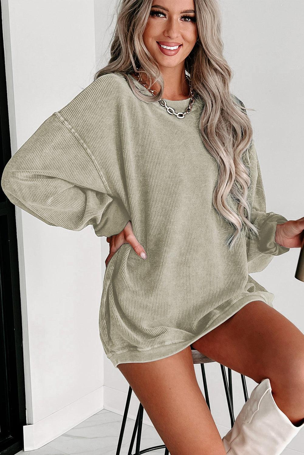 Khaki Solid Ribbed Round Neck Pullover Sweatshirt - The Fair Lady Shop