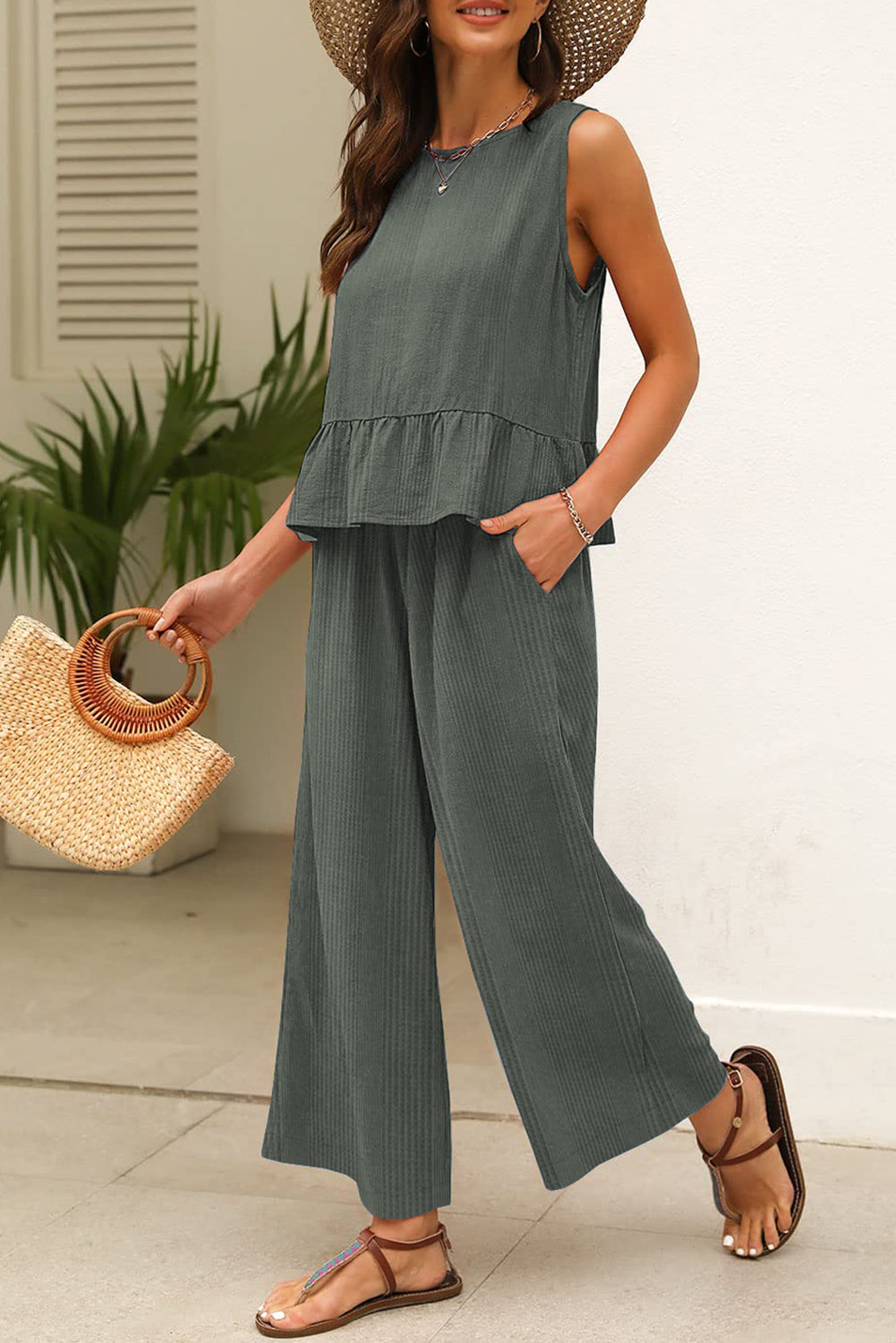 Duffel Green Solid Color Ribbed Ruffle Tank Top and Pants Set - The Fair Lady Shop