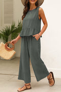 Duffel Green Solid Color Ribbed Ruffle Tank Top and Pants Set - The Fair Lady Shop