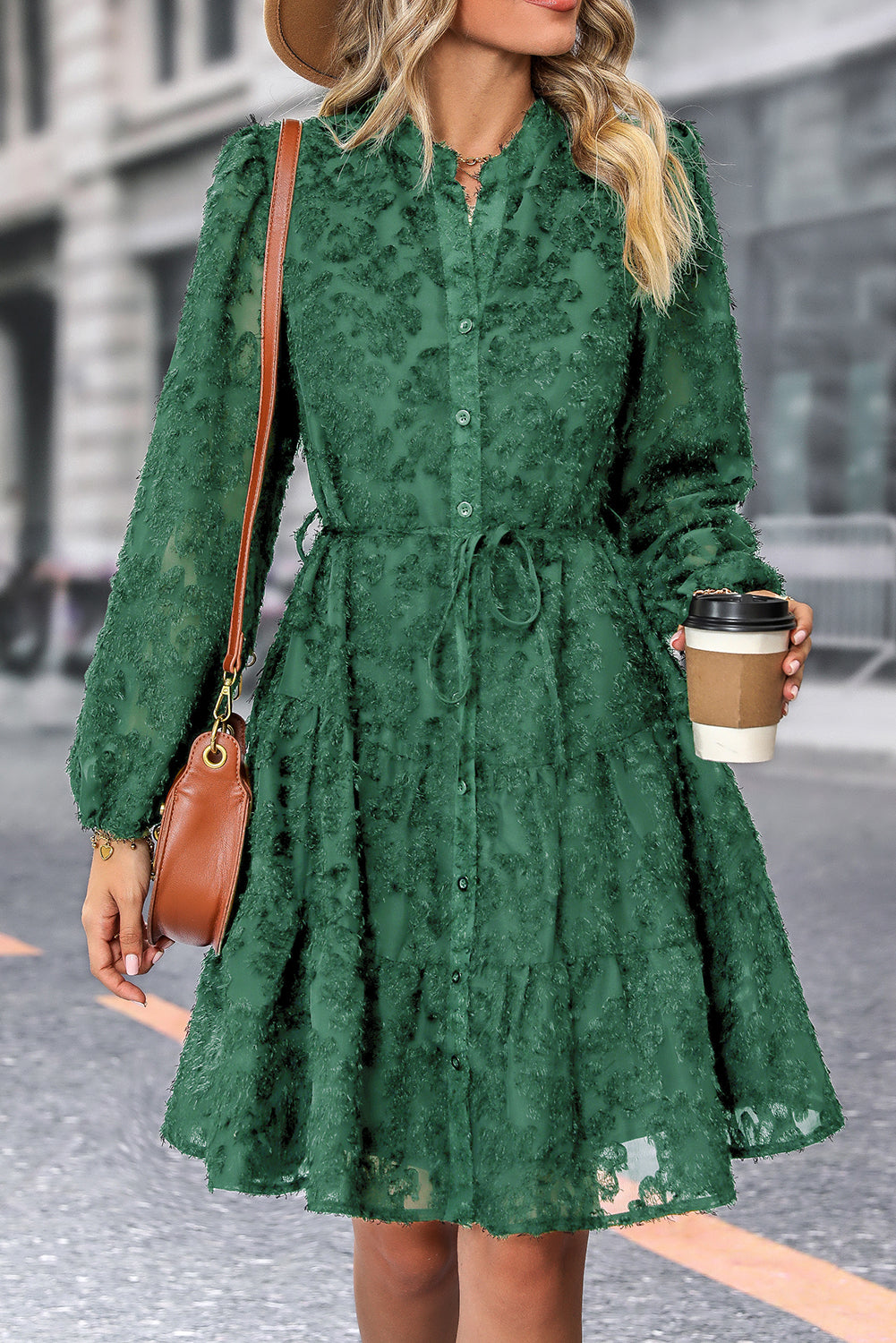 Dark Green Jacquard Long Sleeve Dress - The Fair Lady Shop