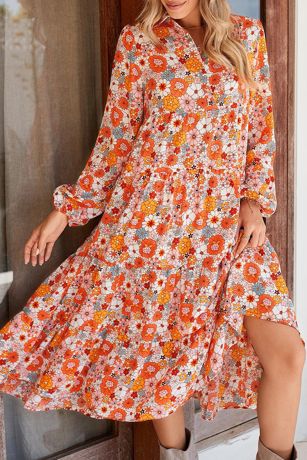 Multicolor Boho Floral Collared Long Sleeve Dress - The Fair Lady Shop