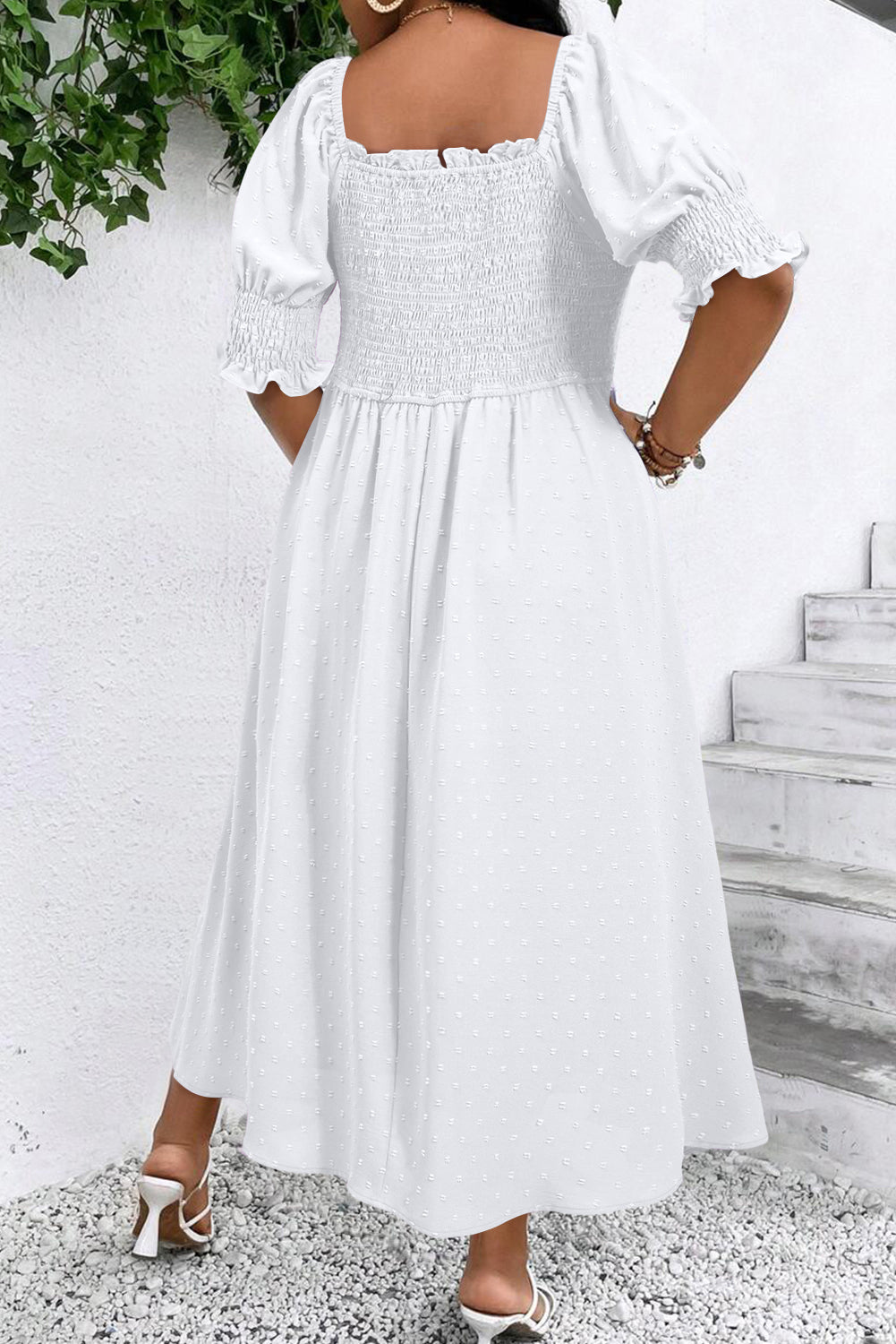 White Swiss Dot Smocked Frill Square Neck Plus Size Dress - The Fair Lady Shop